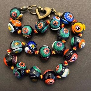 Vintage Venetian millefiori hand-knotted bracelet with adorable heart clasp